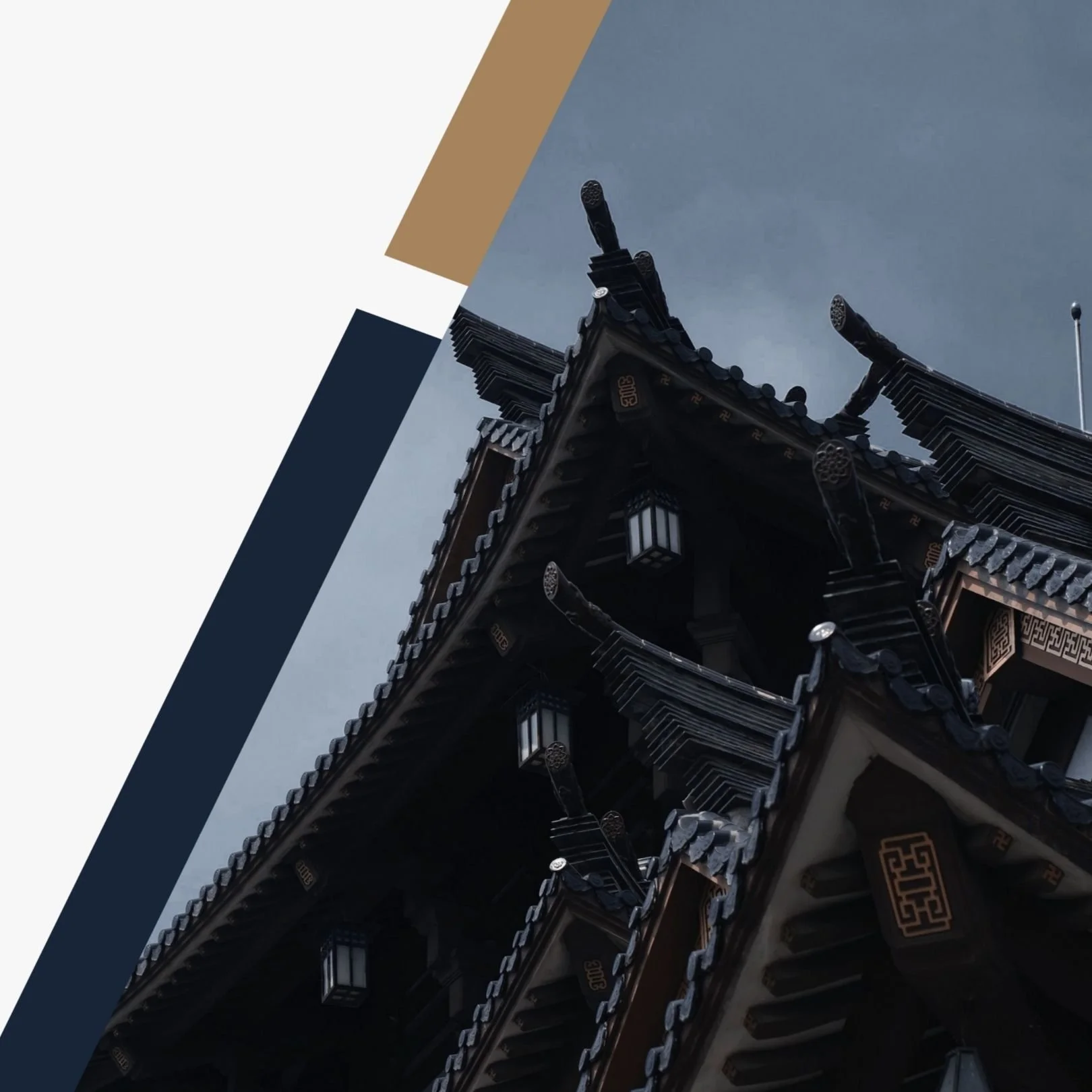Upward view of the ornate eaves of a traditional Asian temple roof with decorative tiles and hanging lanterns, against a cloudy sky.