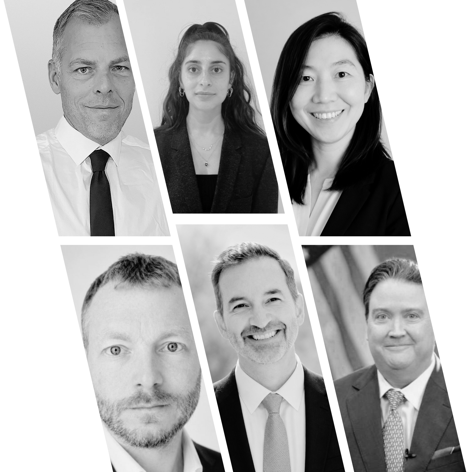 Collage of black-and-white headshots of diverse professionals, smiling and looking at the camera, arranged in overlapping, tilted frames.