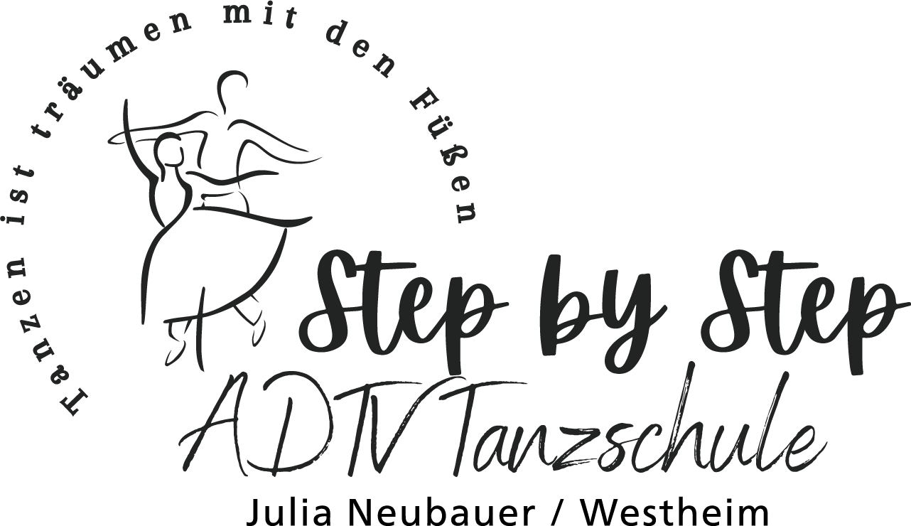 Grafik mit einer tanzenden Paarkarikatur und Text in englischer und deutscher Sprache, der eine Tanzschule bewirbt.
