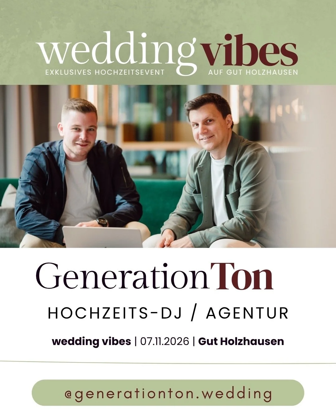 AUSSTELLER-VORSTELLUNG #3 🎧

Mit Generation Ton haben wir zwei besondere Ansprechpartner f&uuml;r die perfekte Stimmung auf eurer Hochzeit mit dabei. 🎉

@dj.tobi.biermann und Fabian Wesseler aus Paderborn wissen genau, worauf es ankommt: die richti