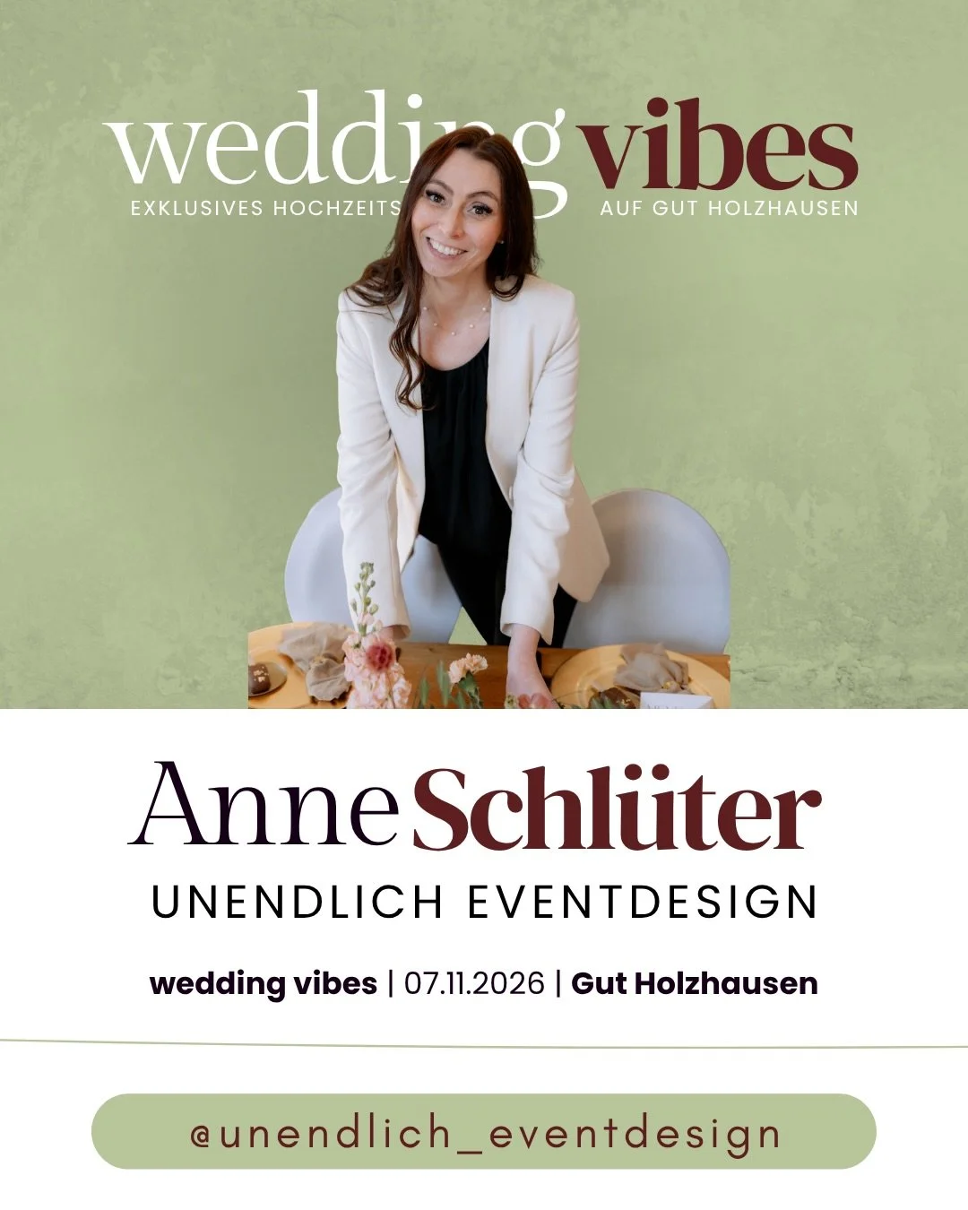 ✨ Ausstellervorstellung: Unendlich Eventdesign

Unsere Expertin f&uuml;r Dekoration ist Anne Schl&uuml;ter von @unendlich_eventdesign 

Seit vielen Jahren begleitet sie mit ihrem kreativen Auge Hochzeiten in der gesamten Region und sorgt daf&uuml;r, 