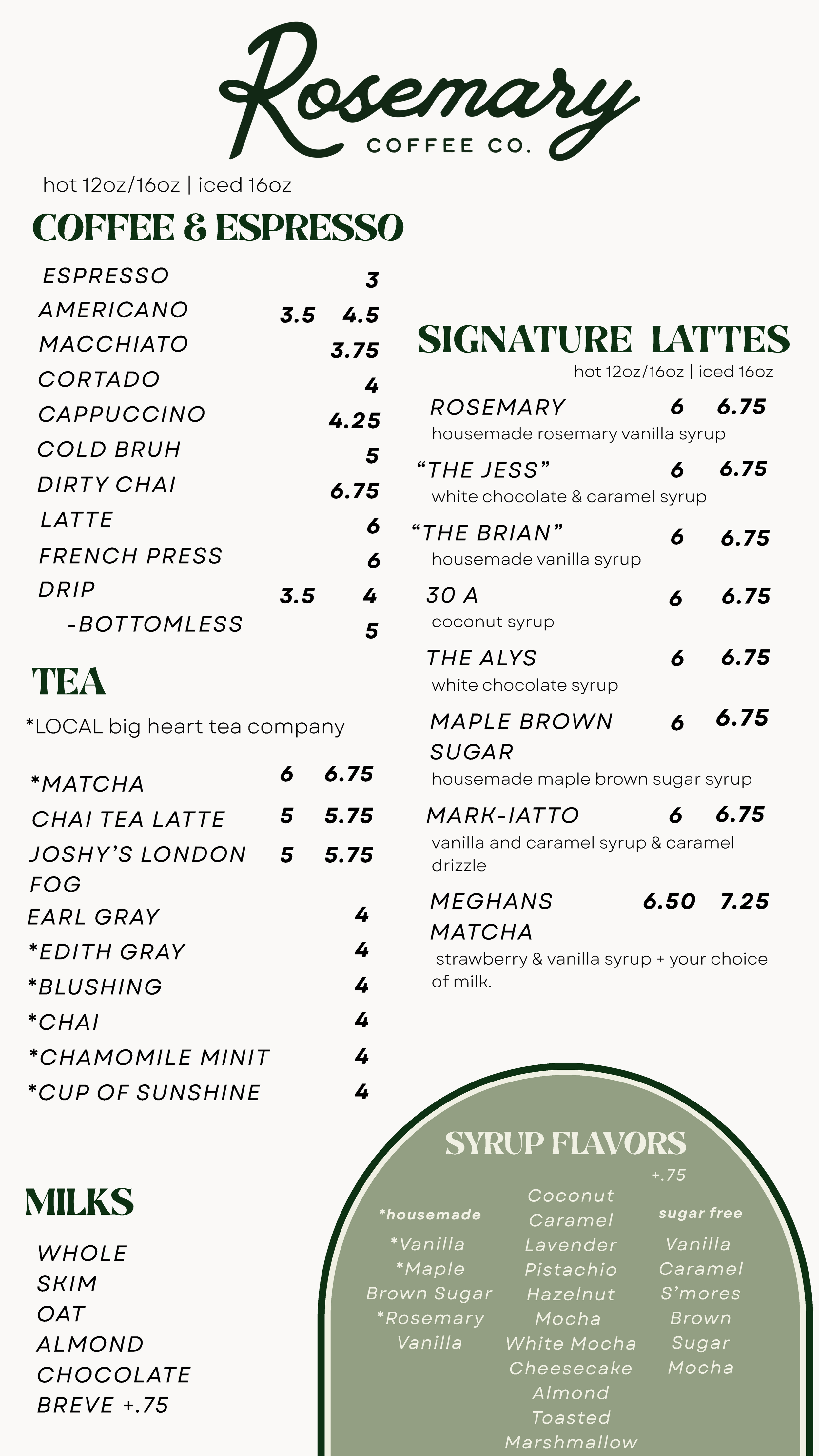 Menu from Rosemary Coffee Co. listing various espresso drinks, signature lattes, teas, milks, and syrup flavors with prices.