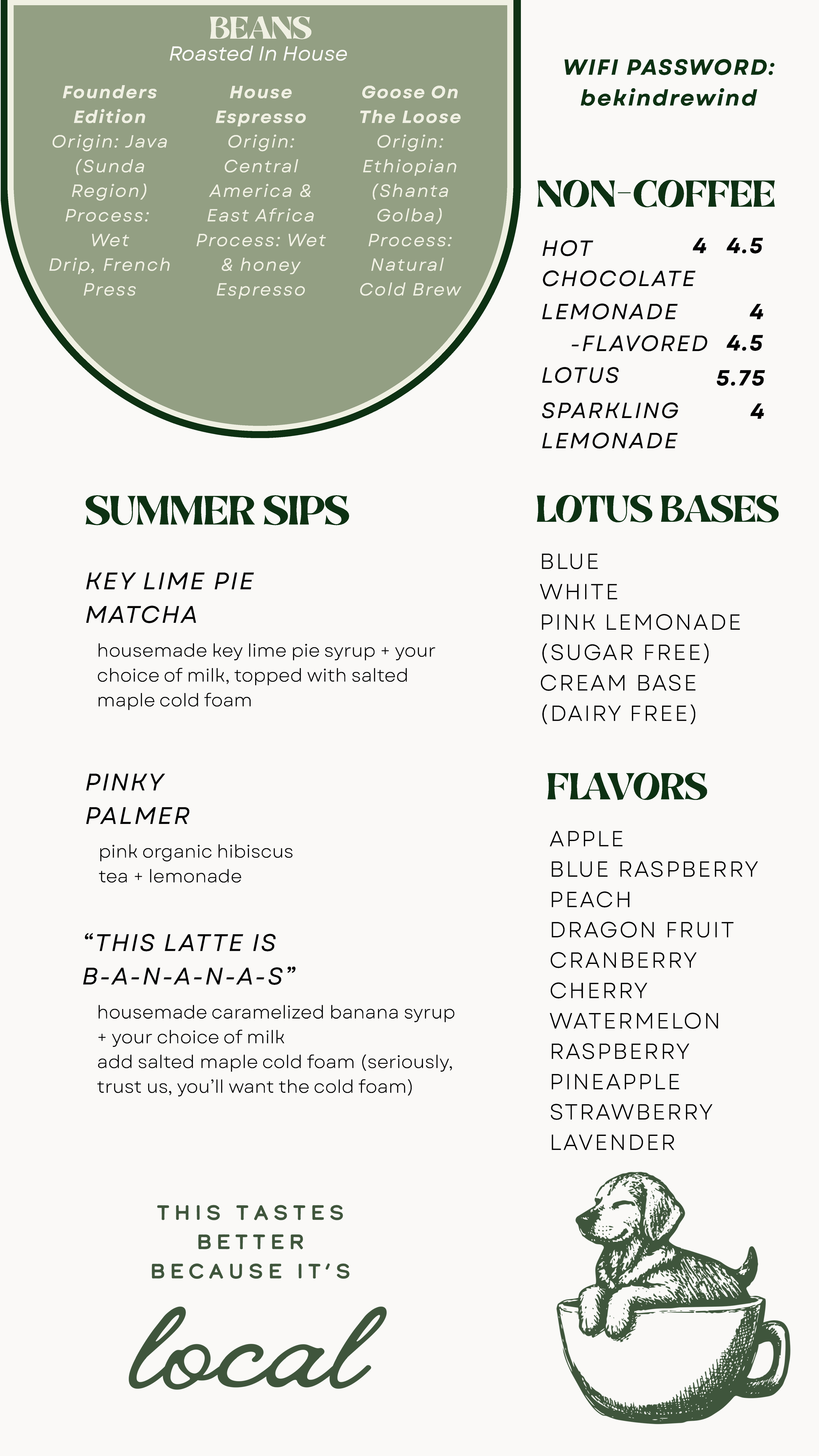 Menu featuring coffee and drinks with sections for beans, summer sips, lotus bases, flavors, and a dog illustration.