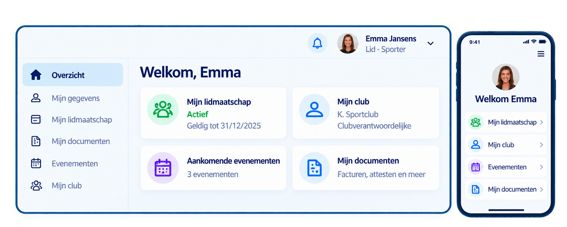 Een screenshot van een mobiele app met een welkomstpagina voor een gebruiker genaamd Emma. Het scherm toont opties zoals lidmaatschap, club, aankomende evenementen en documenten, met de naam en profielfoto van Emma rechtsboven.