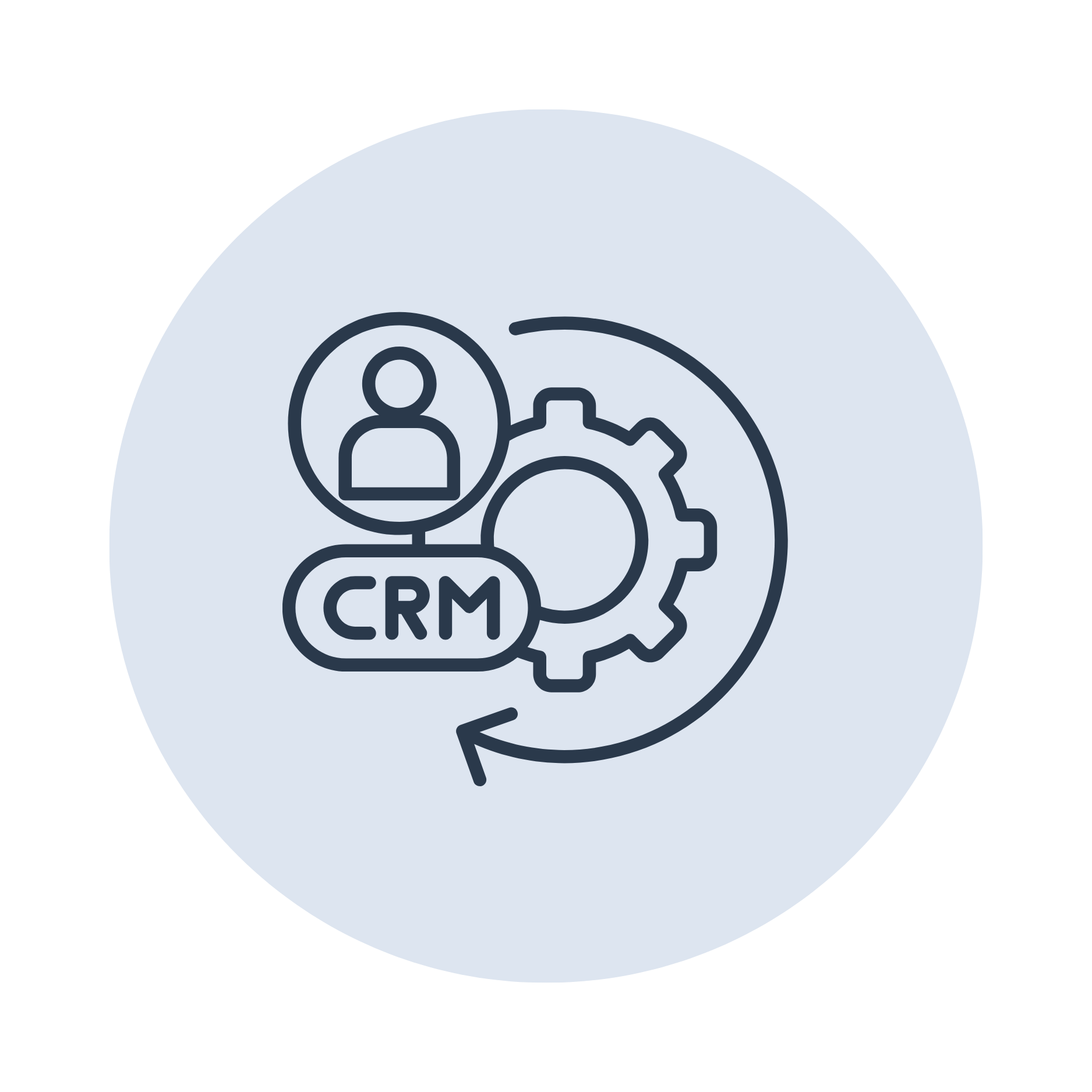 Illustratie van een persoon met een gear en CRM label, symboliseert klantrelatiebeheer.