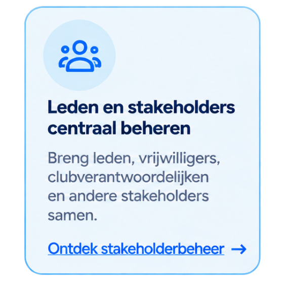 Logo van een groep mensen boven tekst over het beheer van leden en stakeholders, met een link naar informatie over stakeholderbeheer.