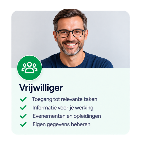 Een man met een bril en een glimlach in een blauw shirt op de afbeelding, met een overzicht van voordelen voor vrijwilligers, zoals toegang tot relevante taken, informatie, evenementen, en persoonlijke gegevensbeheer.