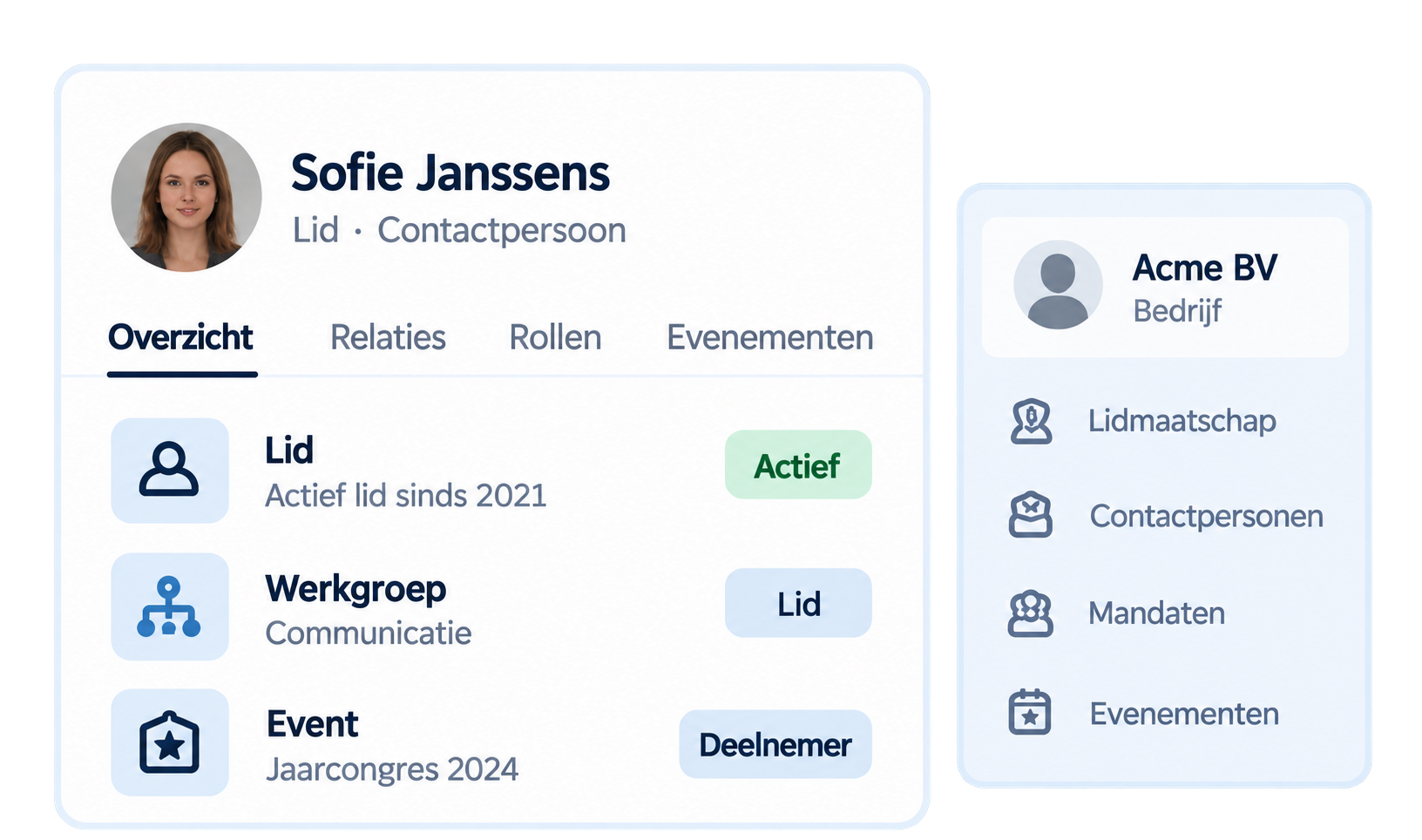 Screenshot van een digitaal profiel met de naam Sofie Janssens, lid en contactpersoon, met een profielfoto, en informatie over haar lidmaatschap, werkgroep en evenement. Aan de rechterkant een profiel van een ander bedrijf, Acme BV, met opties voor lidmaatschap, contactpersonen, mandaten en evenementen.