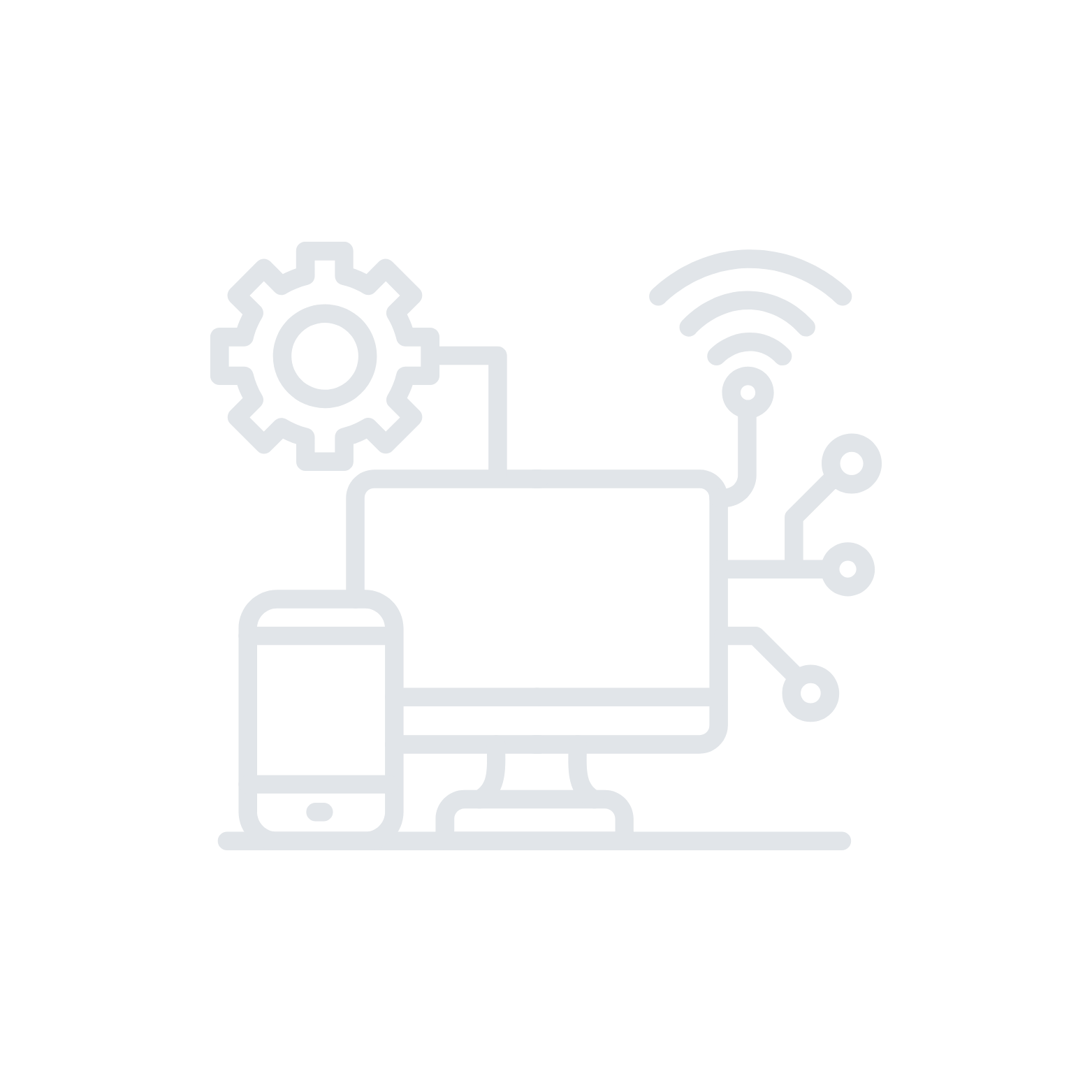 Illustratie van een computer, smartphone, gear, wifi-signaal en verbonden circuits op een zwarte achtergrond, symbool voor technologie en connectiviteit.