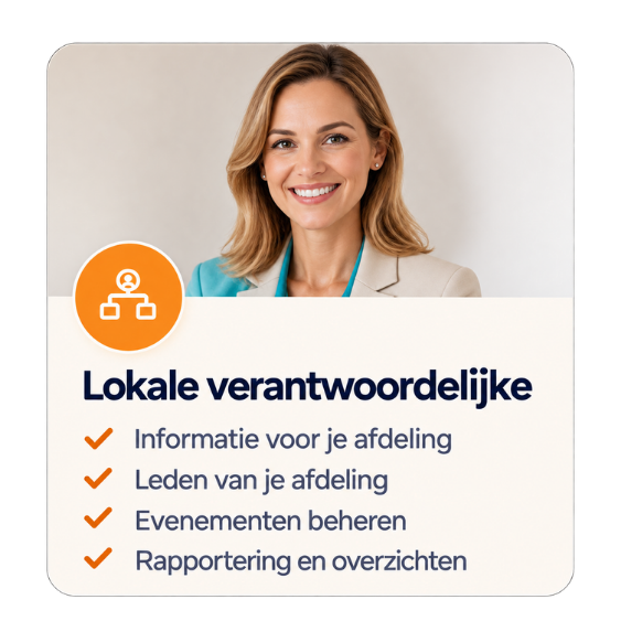 Een vrouw met een lichte blazer en een glimlach, naast een digitaal bord met tekst over lokale verantwoordelijkheid en communicatie.