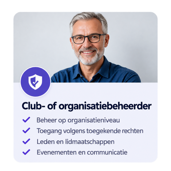 Een afbeelding van een glimlachende man met grijs haar en een blauwe blouse, plus een overzicht van voordelen voor club- of organisatiebeheerders met pictogrammen en tekst in het Nederlands.