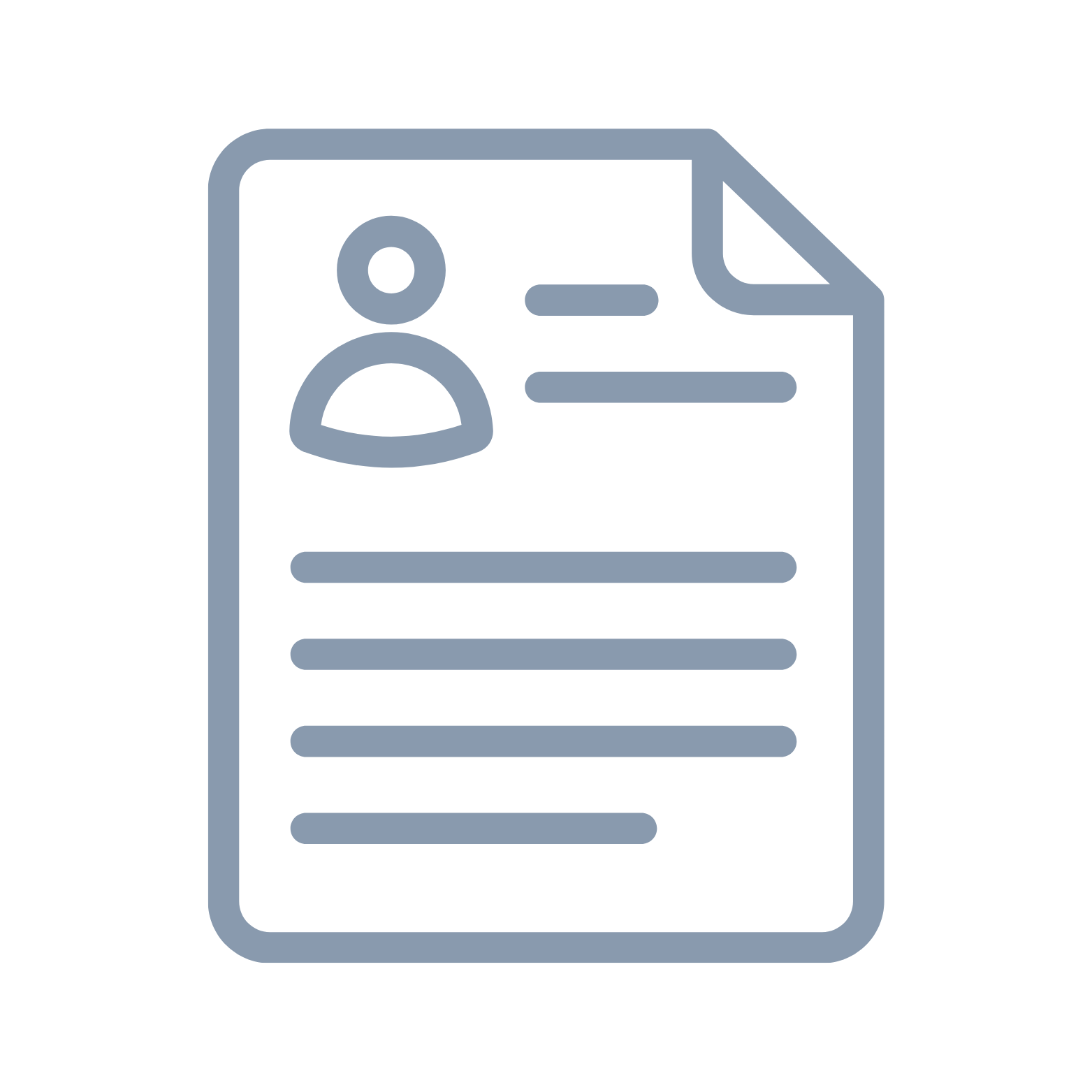 Icon van een CV of profielpagina met een profielfoto en tekstregels.