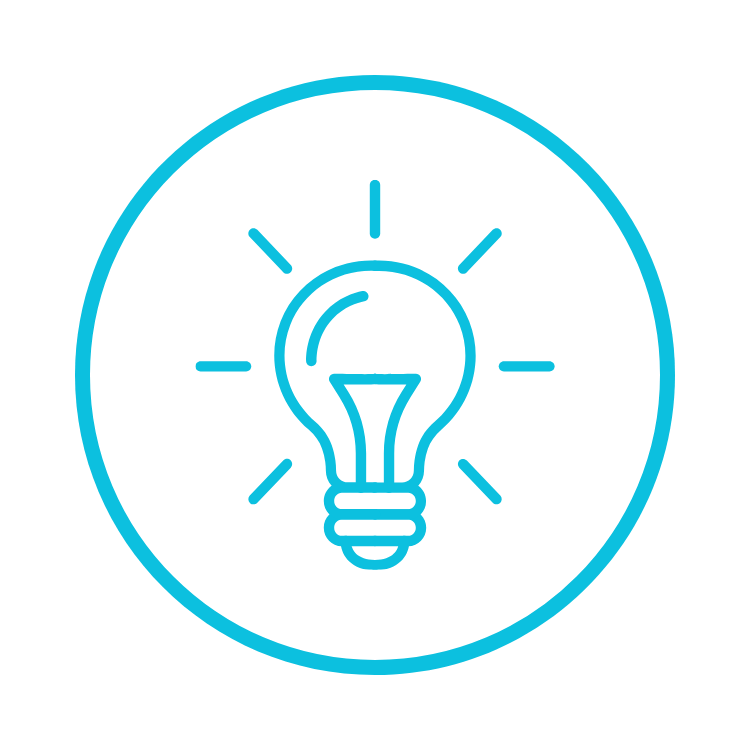 Een getekende gloeilamp met lichtstralen eromheen, weergegeven in een blauwe neonstijl op een zwarte achtergrond.
