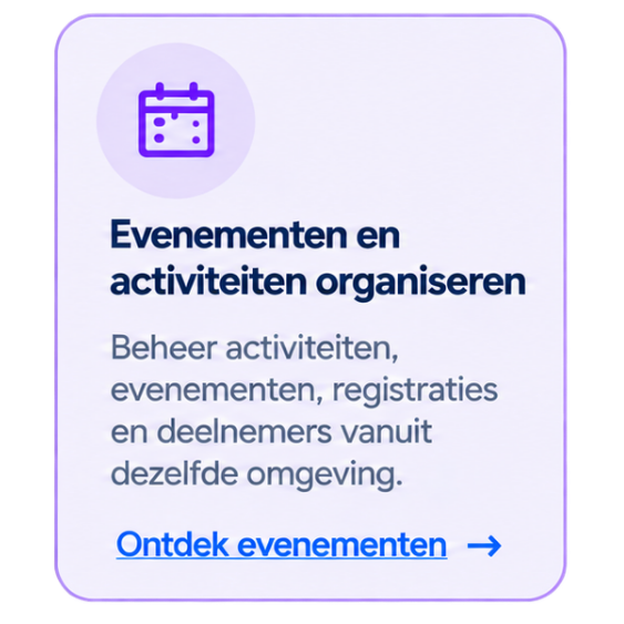 Een informatief poster over het organiseren van evenementen en activiteiten, met een kalender icoon en een link voor meer informatie.