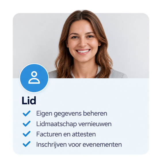 Portret van een lachende vrouw met bruin haar, naast een grafisch overzicht met opties voor ledenbeheer, zoals persoonlijke gegevens, lidmaatschap, facturen en inschrijving voor evenementen.