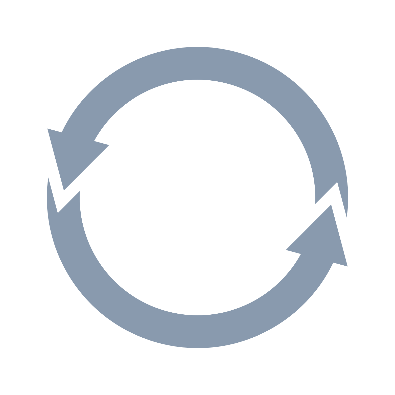 Een grote, ronde, grijze pijl die in een cirkel is weergegeven, symbool voor een continue proces of herhaling.