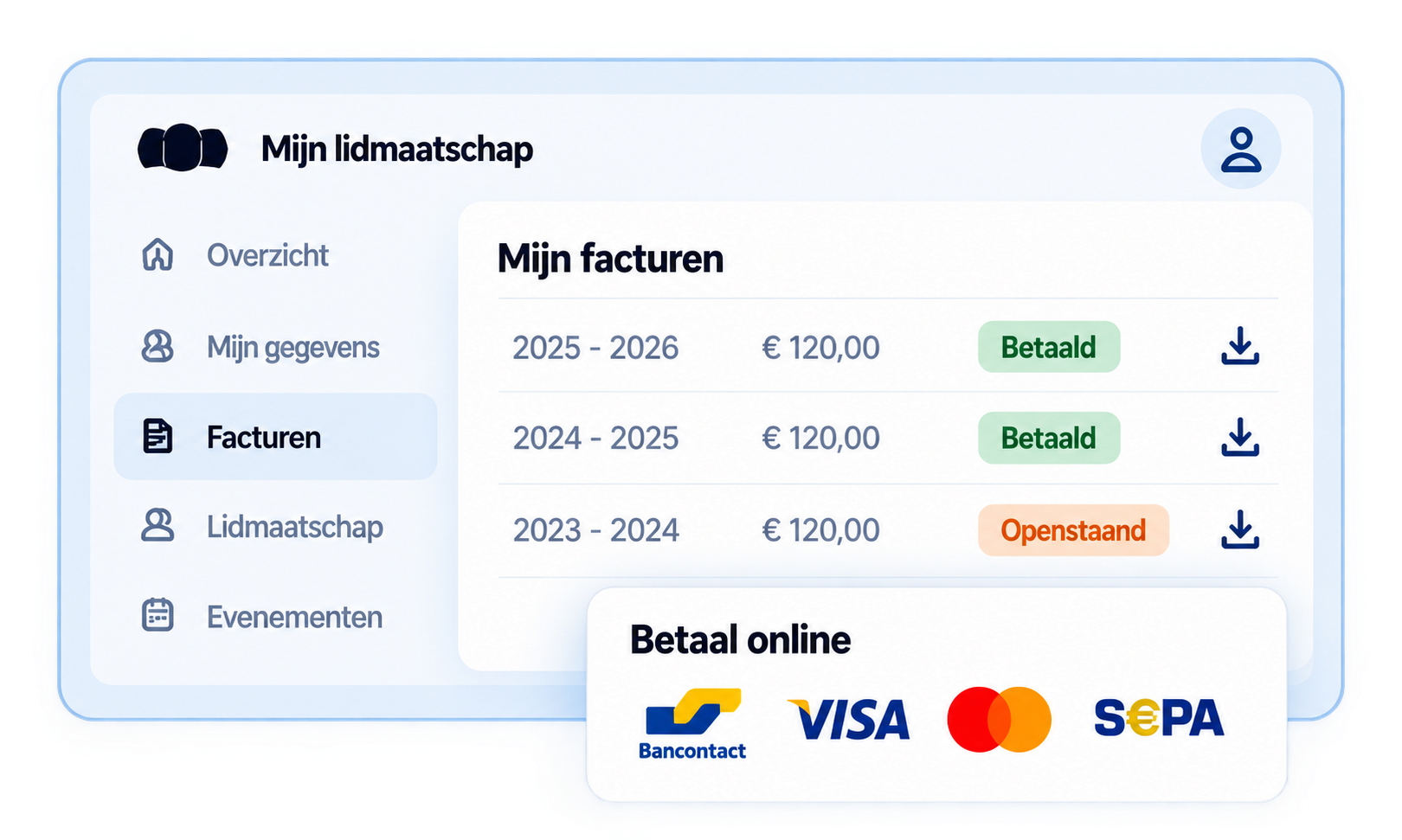 Screenshot van een online accountpagina met sectie 'Mijn lidmaatschap' en 'Mijn facturen'. Toont facturen voor de jaren 2023 tot 2026, elk met een bedrag van €120,00 en hun betalingsstatussen: betaald en openstaand. Onder 'Betaal online' worden betaalmethoden weergegeven zoals Bancontact, Visa, Mastercard en SEPA.