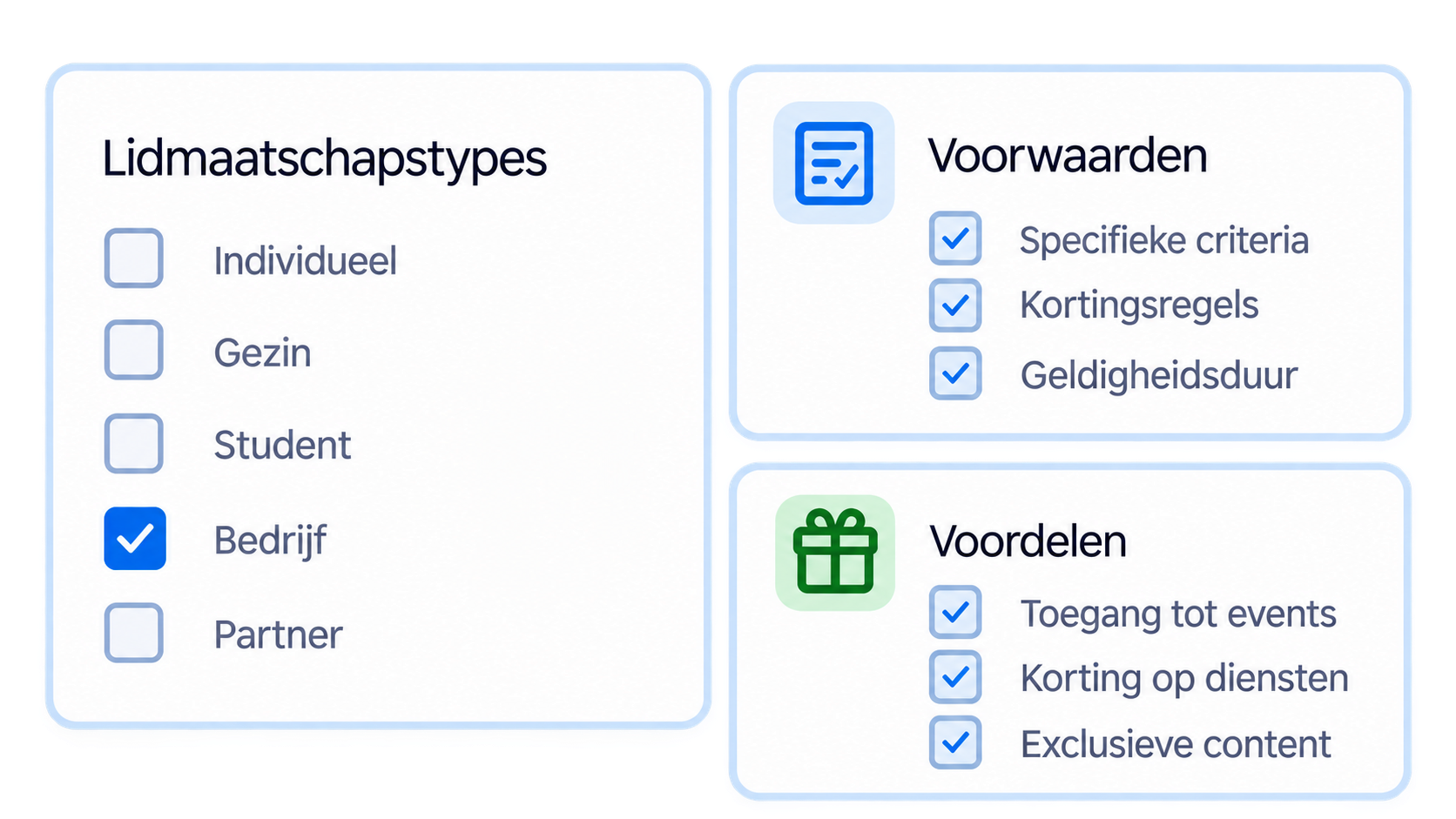 Screenshot van een formulier met opties voor lidmaatschapstypes, voorwaarden en voordelen, waarin 'Bedrijf' is aangevinkt.