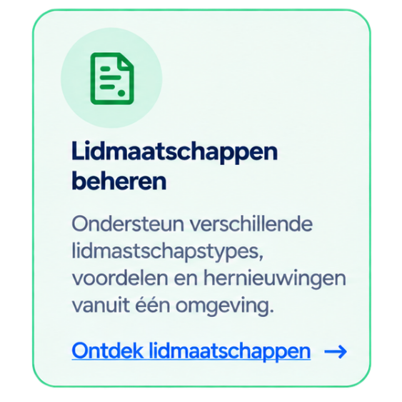 Social media bericht over het beheren van lidmaatschappen, met een groene icon van een document en een tekst die ondersteuning van verschillende lidmaatschapstypes benadrukt, en een link om lidmaatschappen te ontdekken.