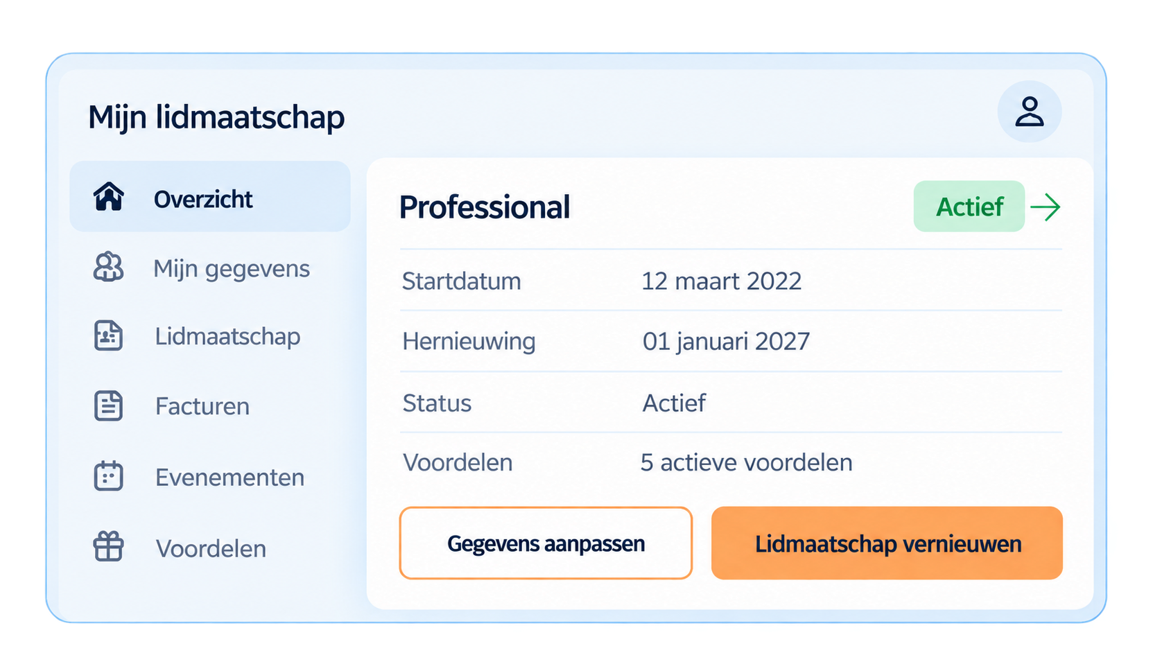 Screenshot van een online lidmaatschapsprofiel met infoscherm 'Mijn lidmaatschap', inclusief menu-opties en gegevens zoals startdatum, hernieuwingsdatum, status en voordelen, met knoppen voor gegevens aanpassen en lidmaatschap vernieuwen.