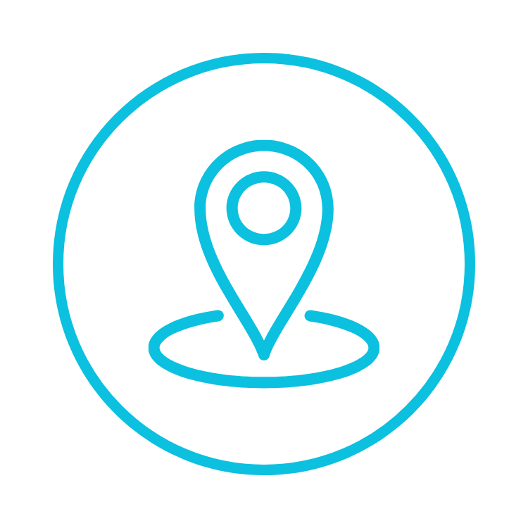 Een wit icon van een locatie-pin binnen een blauwe cirkel op een zwarte achtergrond.