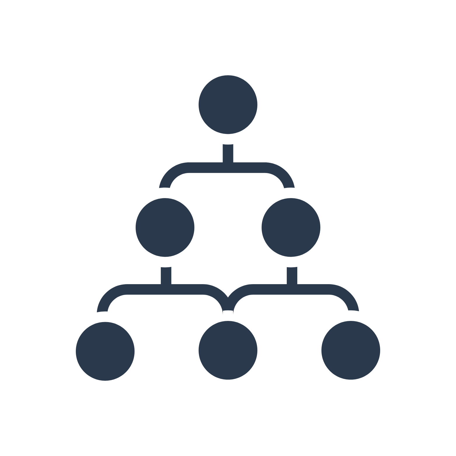 Een hiërarchisch organisatiediagram met drie lagen, weergegeven door zwarte cirkels en lijnen op een zwarte achtergrond.