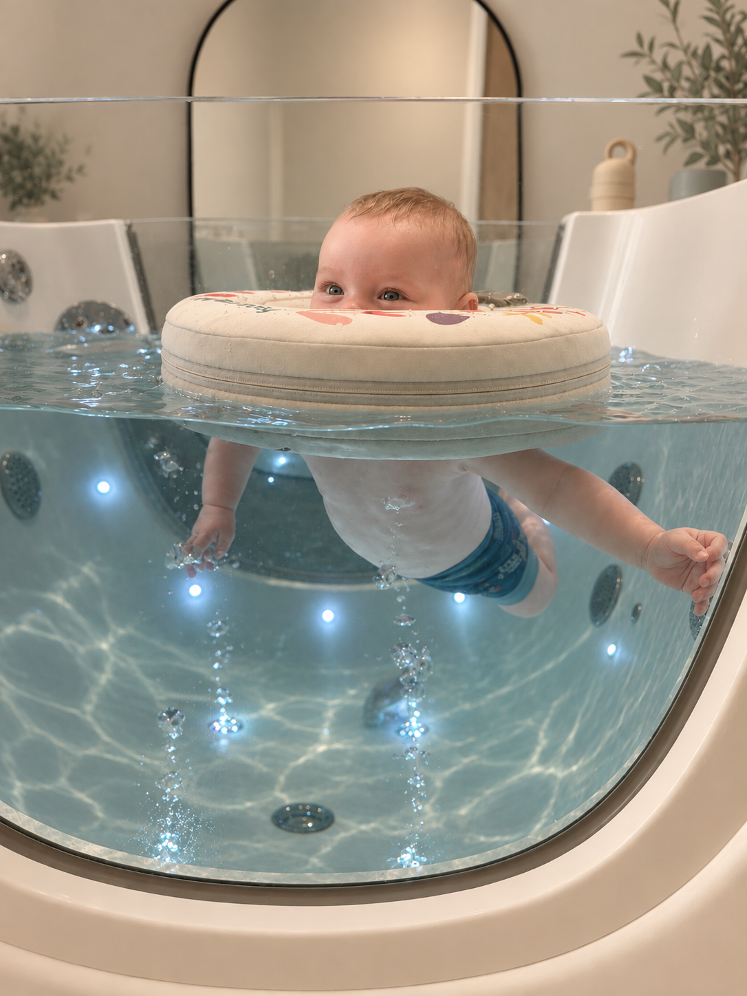 Baby floating in a baby spa bath