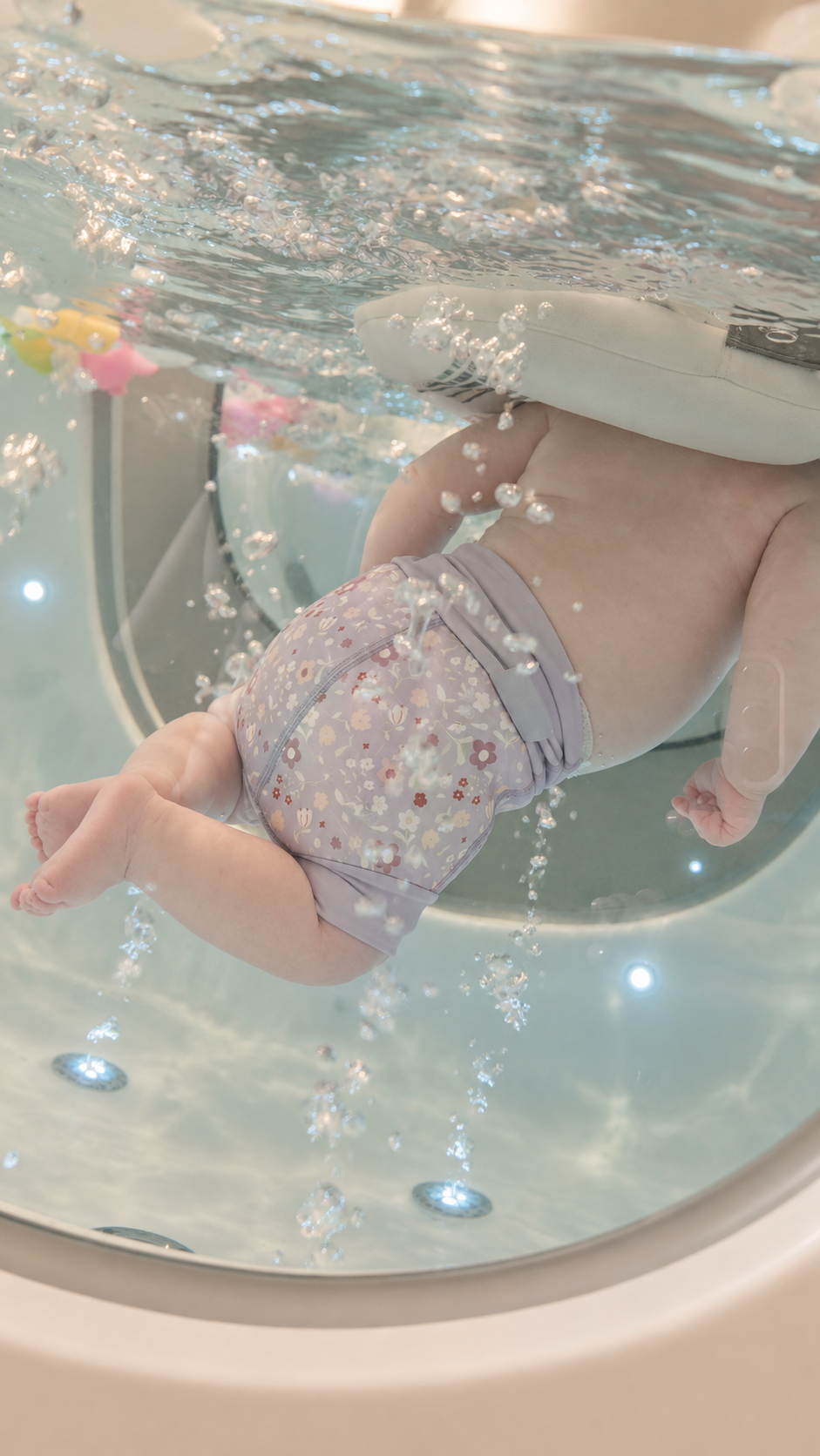 Baby floating in a baby spa bath