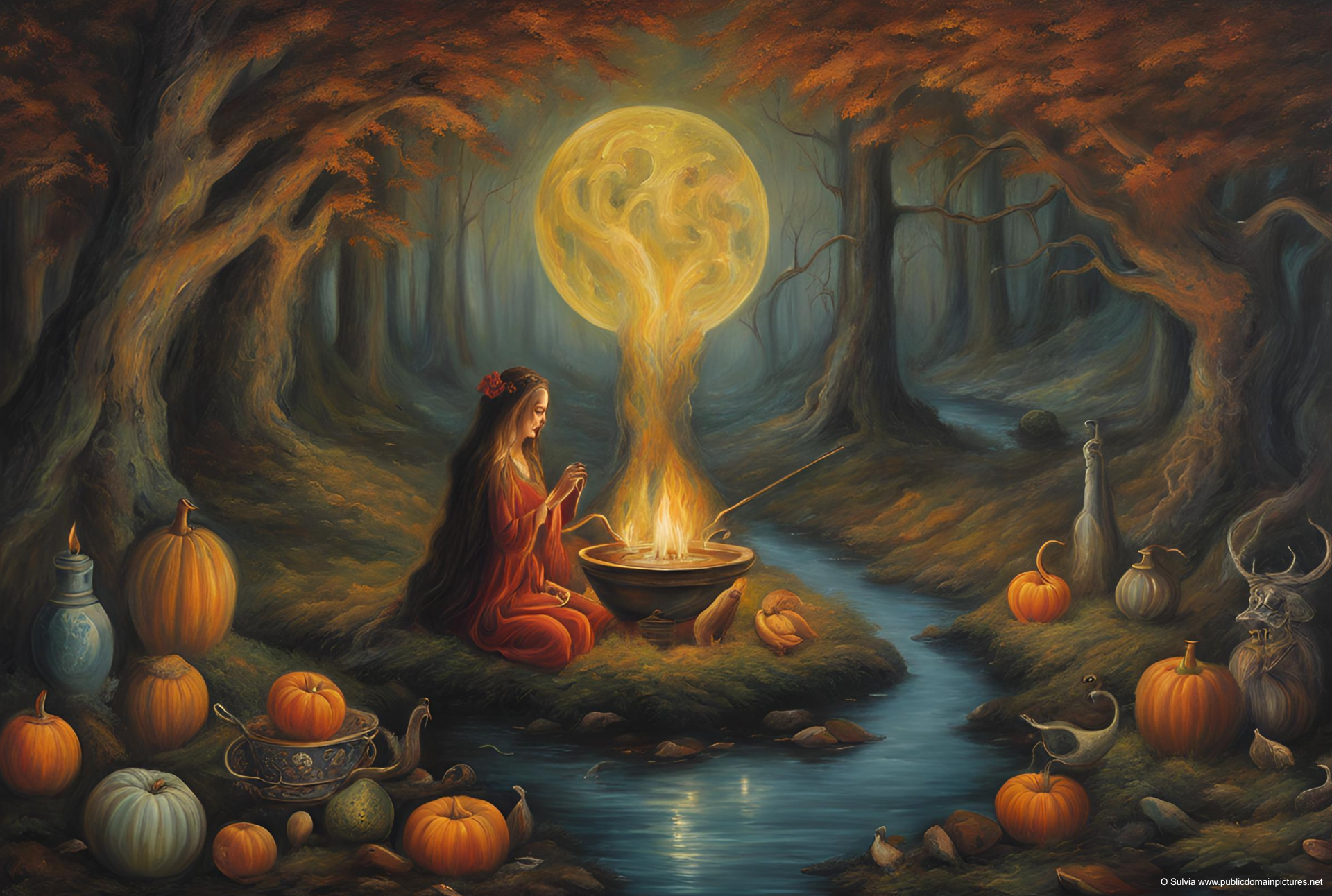 A fantasy painting depicts a woman in a red dress sitting by a campfire in a forest clearing with orange pumpkins scattered around. A large glowing moon with a fiery appearance is in the sky, illuminating the scene with eerie light. The forest has twisted trees with orange leaves, and a small stream flows through the scene.