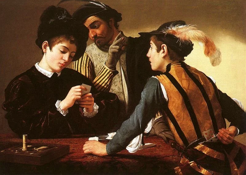Three people dressed in 17th-century costumes playing a card game at a table with a dark background.