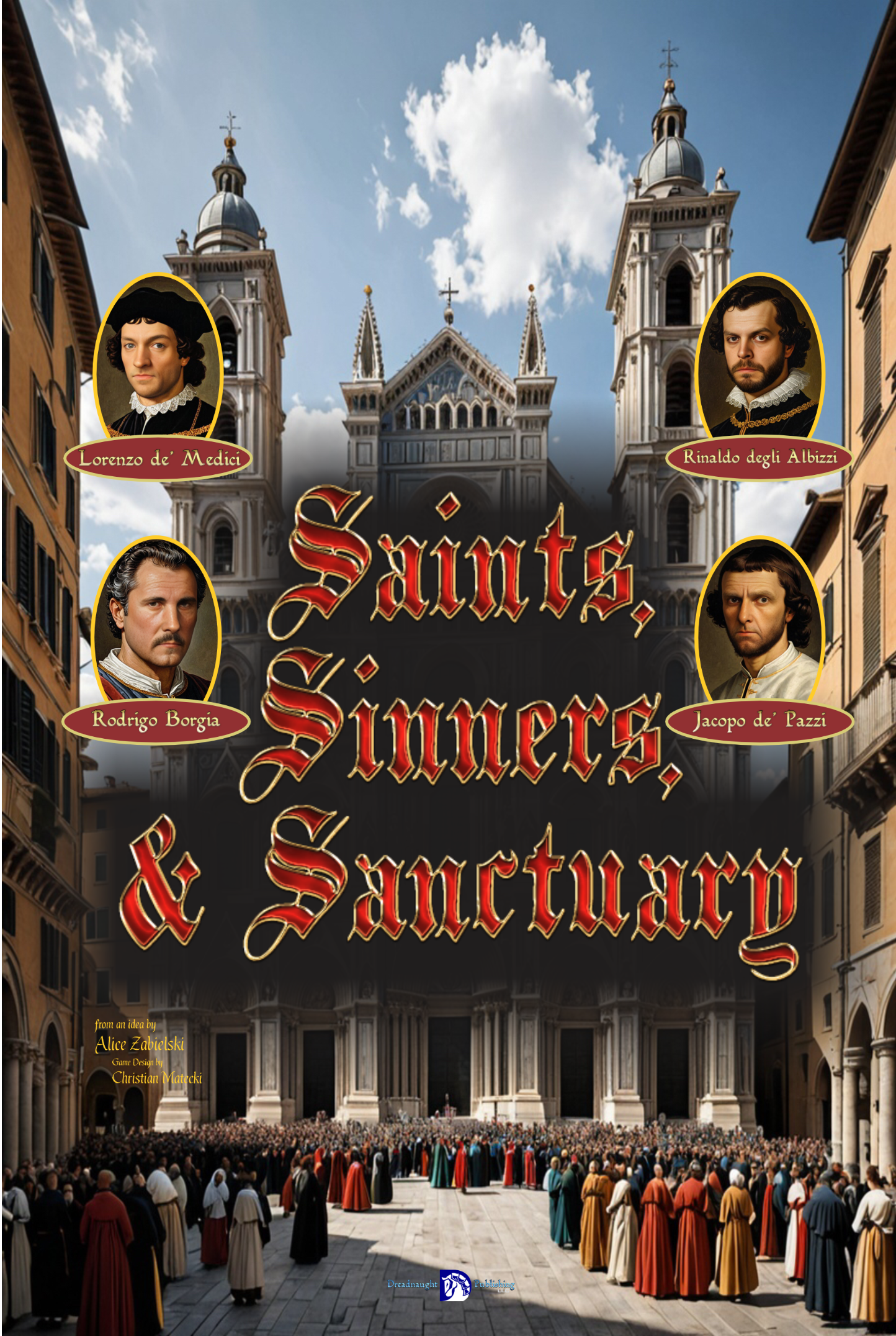 The box top for the Italian Renaissance tableau building game of the Florentine - Papal Power Struggle , Saints, Sinners & Sanctuary.