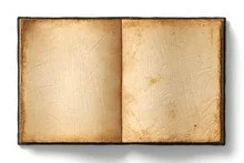 An open, aged, blank book with yellowed pages