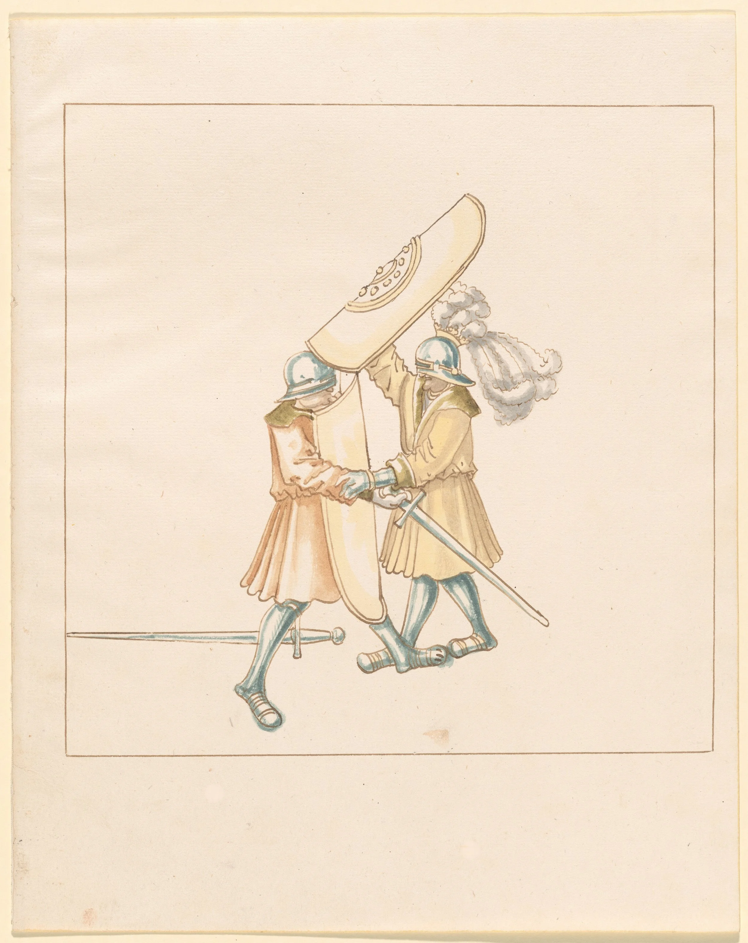 Two soldiers in historical uniform holding a large sword and a pistol, with one soldier holding the sword upright.