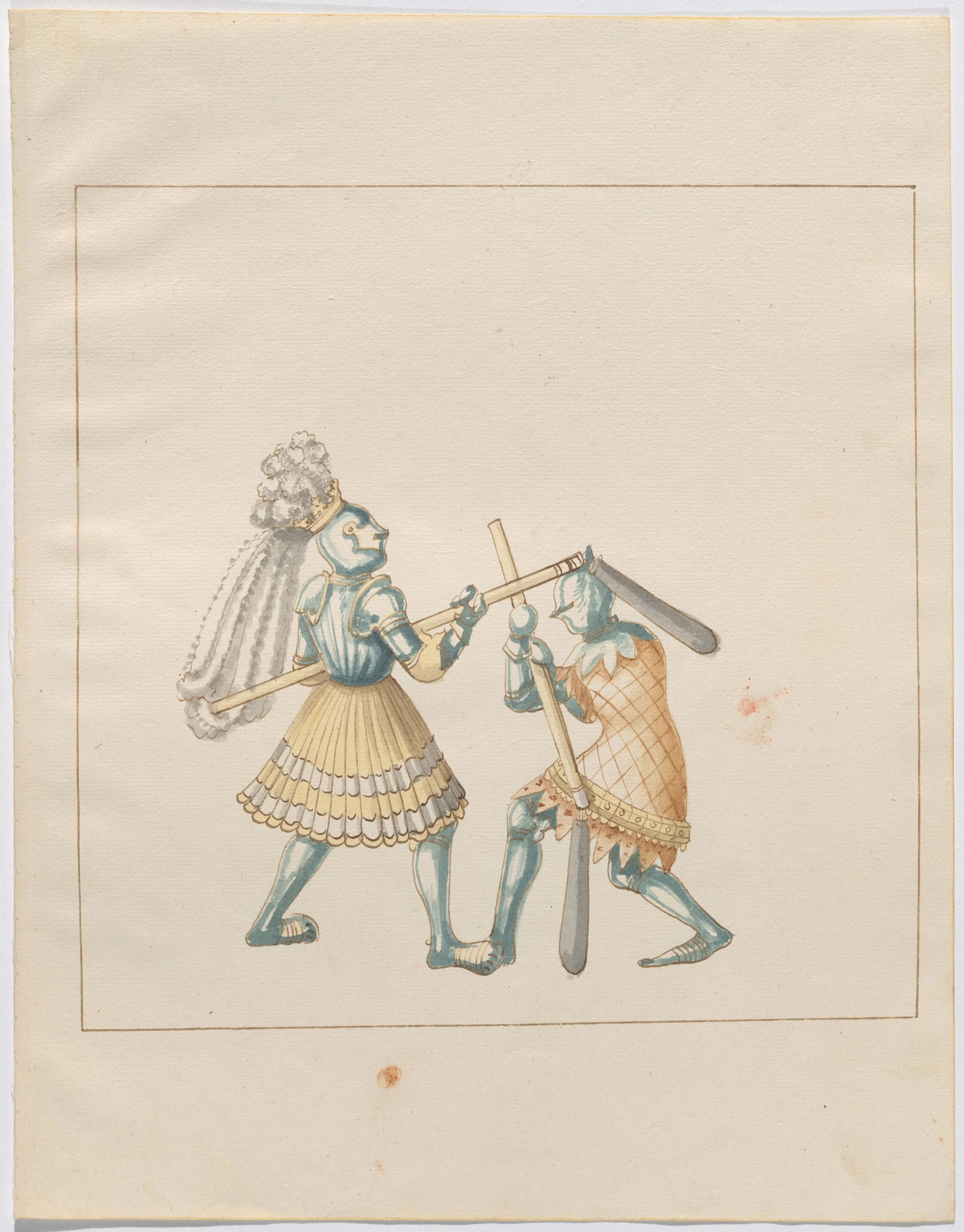 A hand-drawn illustration of an ancient warrior in blue armor with a helmet, shield, and spear, engaging in battle with a similarly armored opponent.