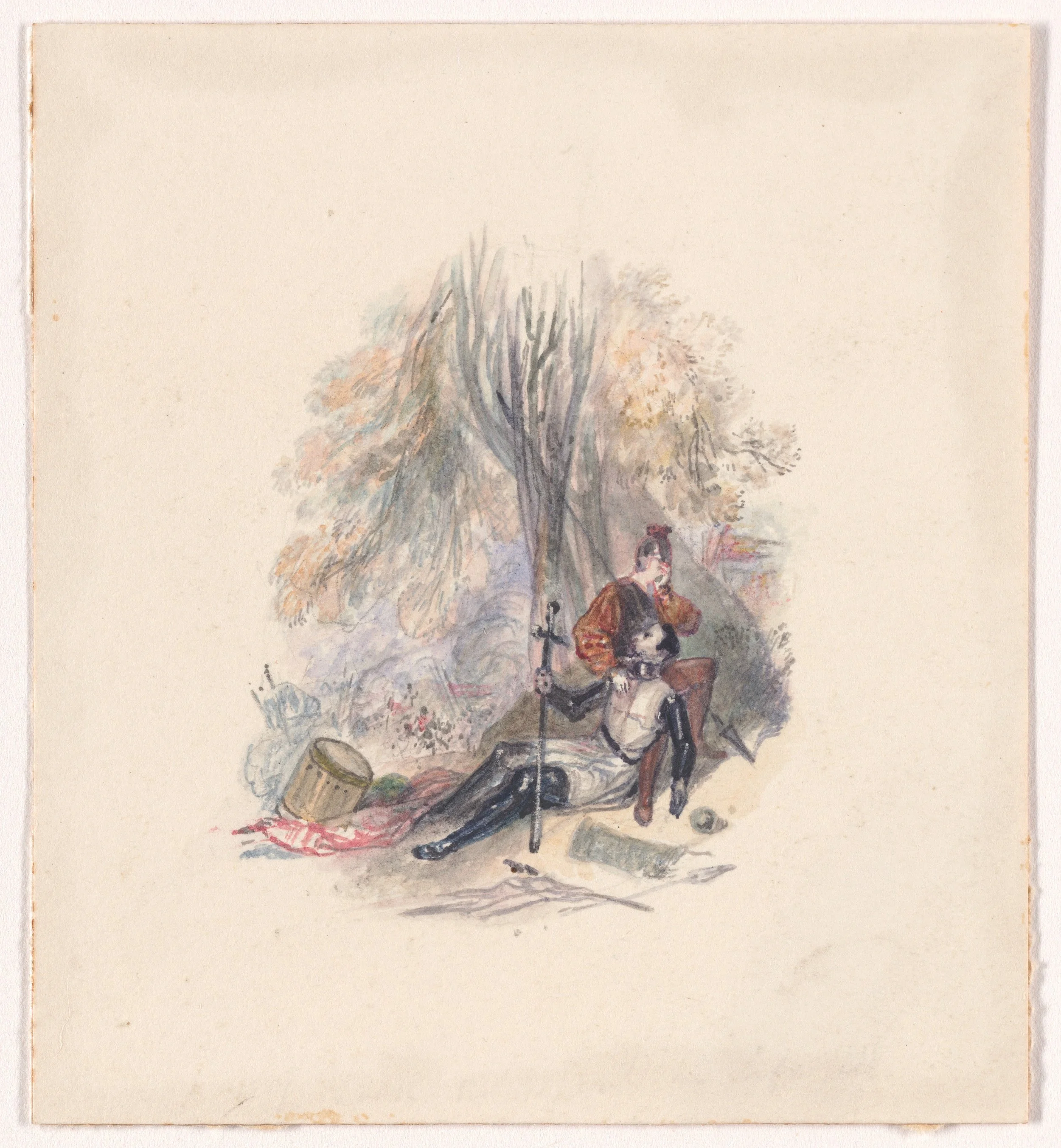 A watercolor painting of a person riding a bicycle under a large tree with orange and yellow leaves, with a small dog walking beside them. There is a bucket near the tree, and the scene has a soft, pastel color palette.