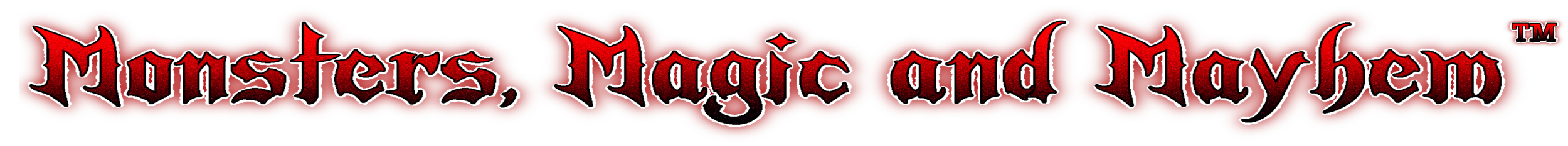 Logo with red background and gothic-style black and white text reading "Monsters, Magic and Mavens".
