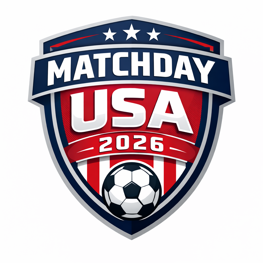 The logo for the 2026 USA Matchday with a soccer ball at the bottom, featuring red, white, and blue colors, stars, and patriotic elements.