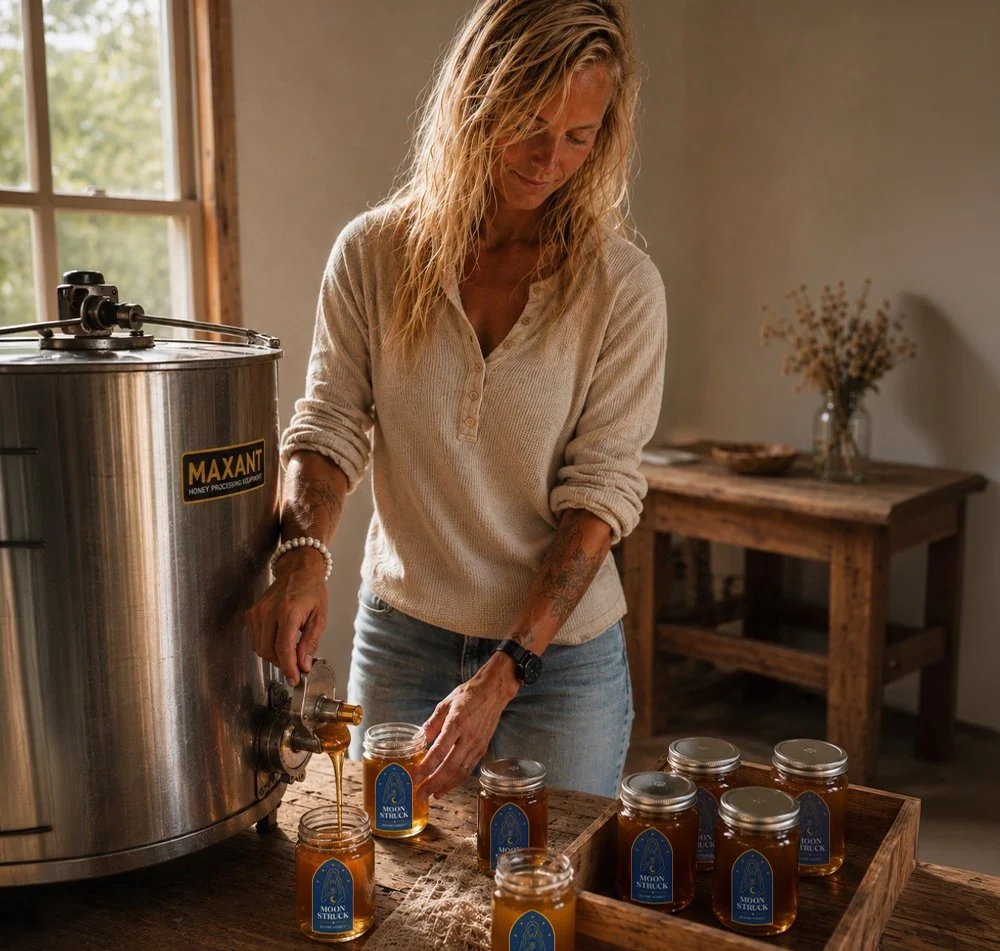 A woman with blonde hair pouring honey from a honey extractor into a jar, with several filled jars on a wooden table nearby.