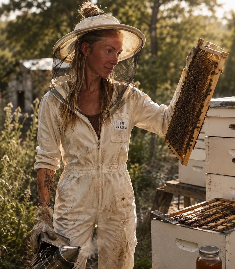 A beekeeper in a protective suit, inspecting a honeycomb frame with bees in an outdoor apiary during golden hour.