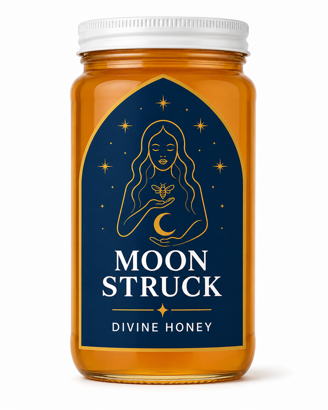 A jar of Moon Struck Divine Honey with a dark blue label featuring an illustration of a woman holding a bee, surrounded by stars and a crescent moon.