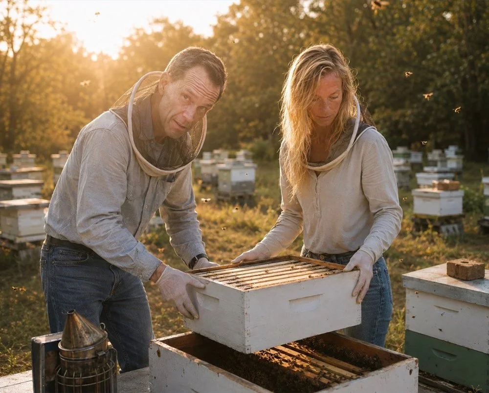 Two beekeepers inspecting a hive in a beekeeping farm during sunset