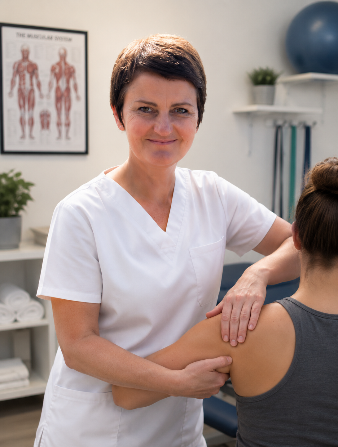 Elaine Wild assessing a patient's shoulder during a physiotherapy appointment