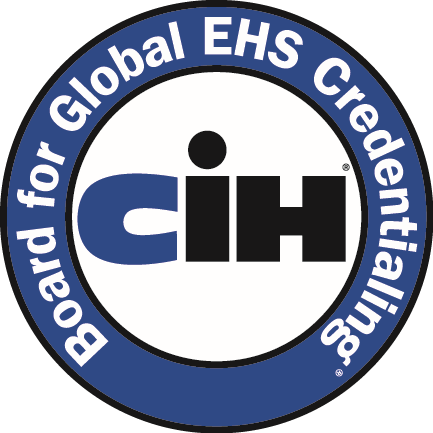 Logo of the Board for Global EHS Credentialing's Certified Industrial Hygienist (CIH) credential with a blue and black circular design and the words 'Board for Global EHS Credentialing' around the circle's edge.