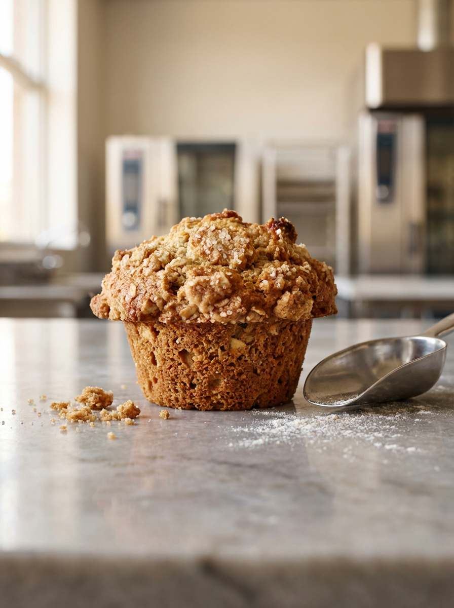 Oatmeal cookie on a kitchen counter with a spoon and some scattered crumbs, blurred background with kitchen appliances.