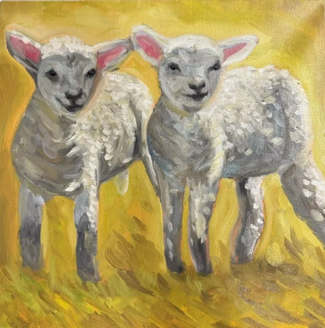 2 Lambs, Oil paint on canvas, 12"x12" - 2026. Painting of two lambs standing on yellow grass with a yellow background.