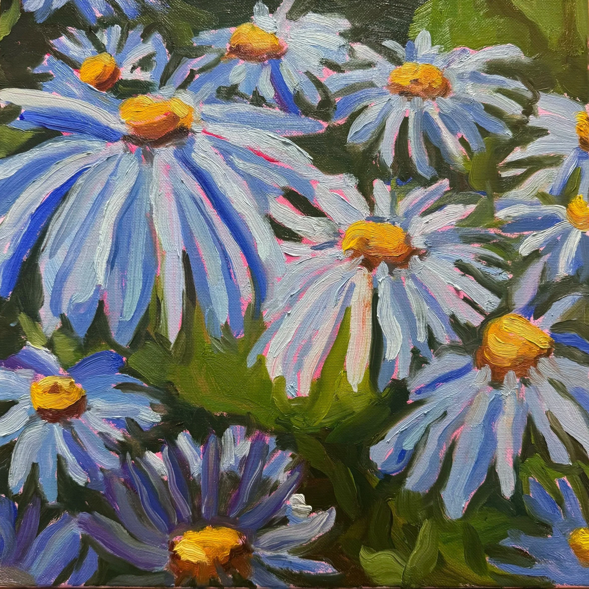 Blue Florals, 
Oil paint on canvas,
14"x14" - 2026.
An oil painting of blue florals and yellow centers surrounded by green foliage, with some stems and flowers visible at the bottom.