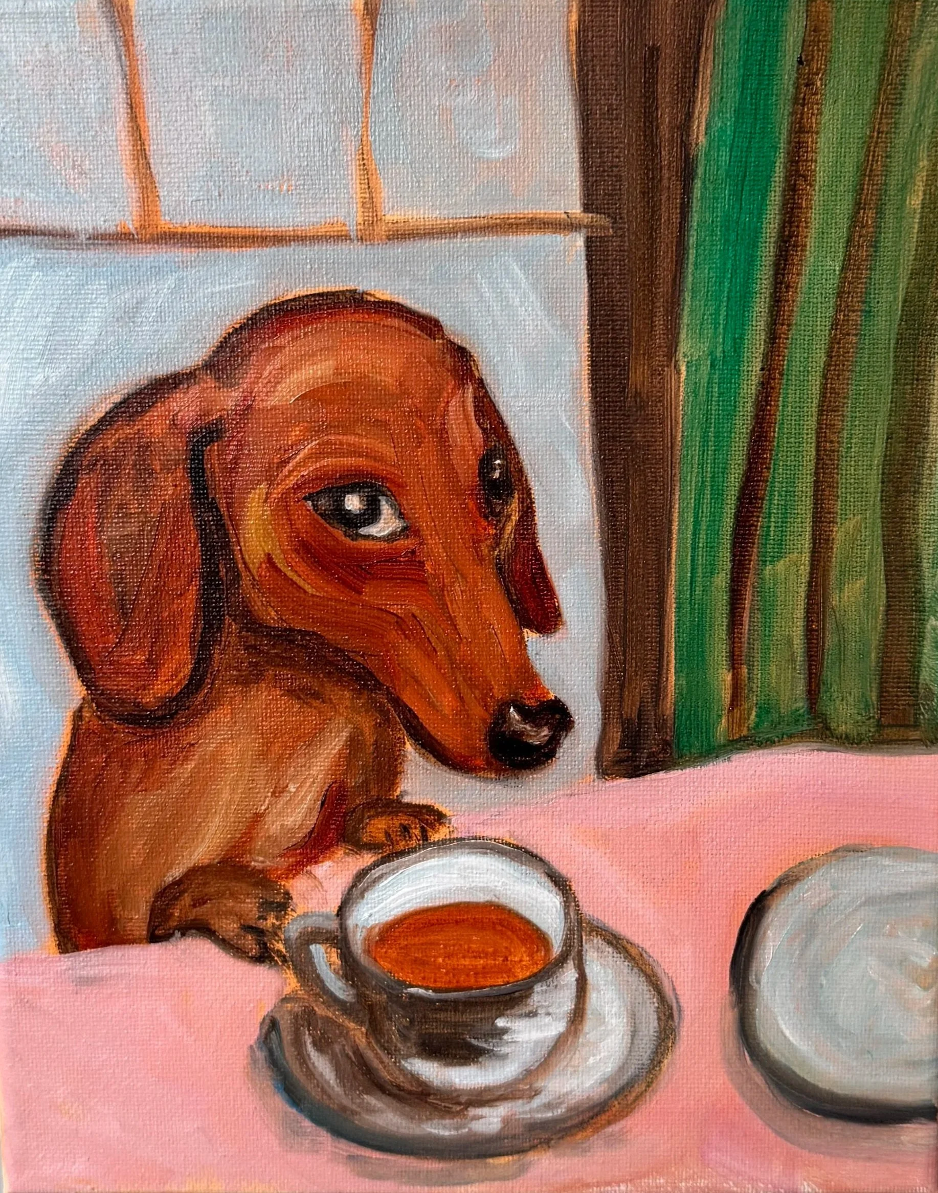 Coffee Shop Date, Oil paint on canvas, 8"x10" - 2025. An oil painting of a portrait of a brown dachshund dog sitting at a table with a cup of coffee and a bowl. 