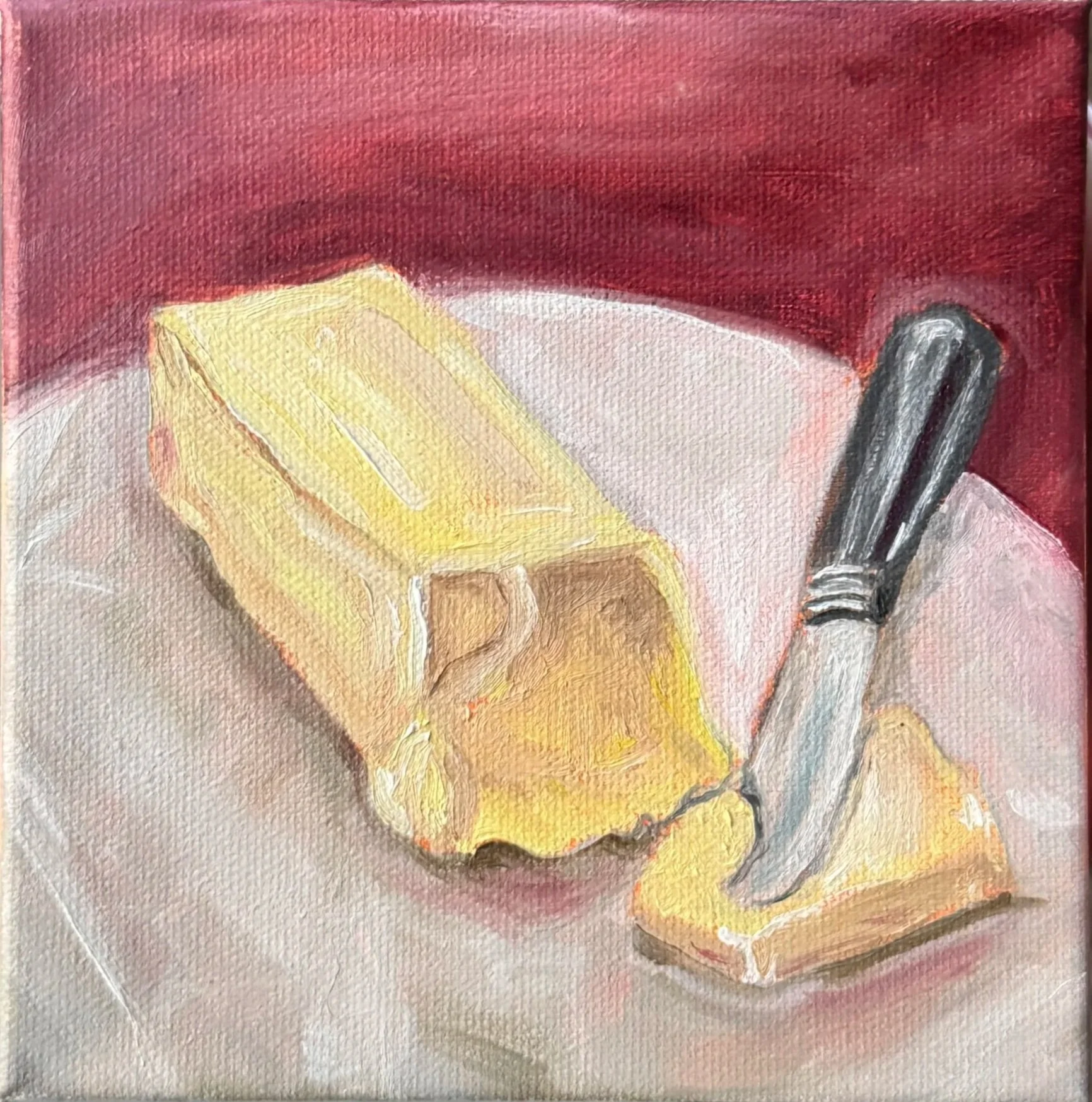 Butter Dish, Oil paint on canvas, 6"x6" - 2025. a butter dish with a knife inserted into a piece of butter. 