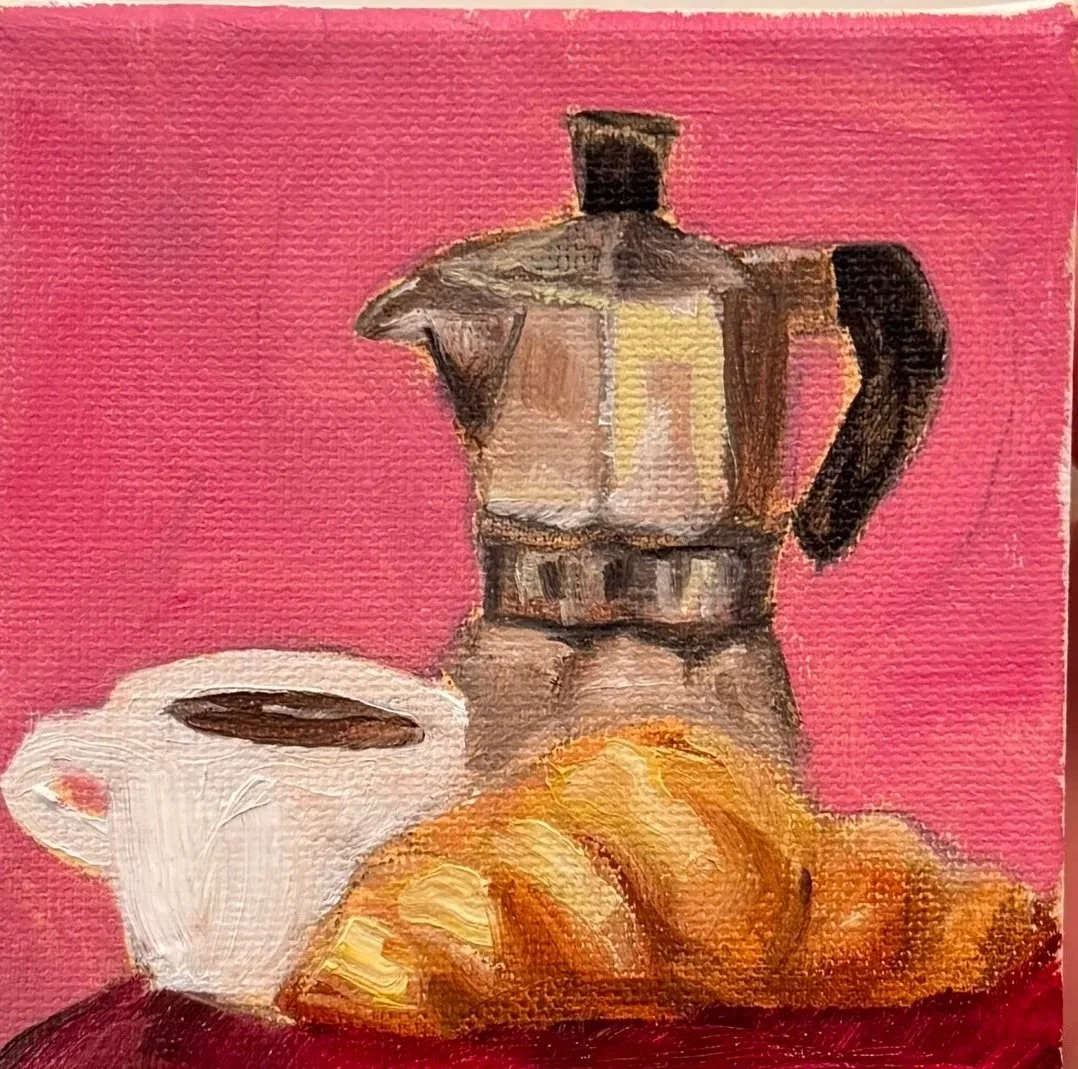 Breakfast, Oil on canvas, 4"x4" 2025. Small painted canvas of a coffee pot, a cup of coffee, a croissant, and a pink background.