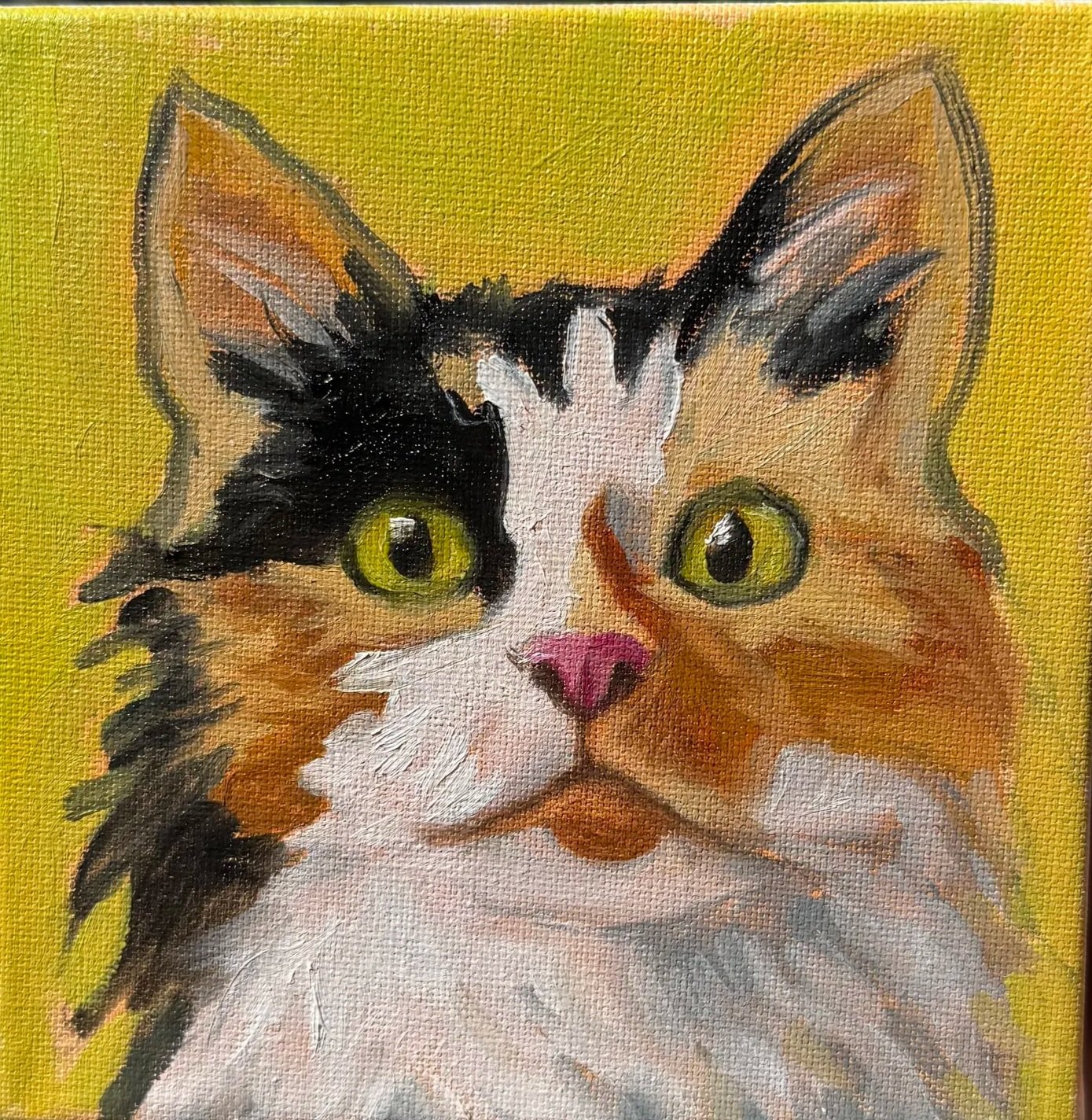 Calico Kitty, Oil on canvas, 6"x6" 2026. Close up portrait of a calico kitty with big green eyes.